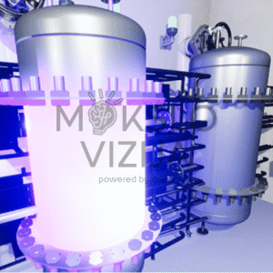 Virtualios chemijos mokymo laboratorija — interaktyvus stalelis su integruotais monitoriais ir VR įranga.