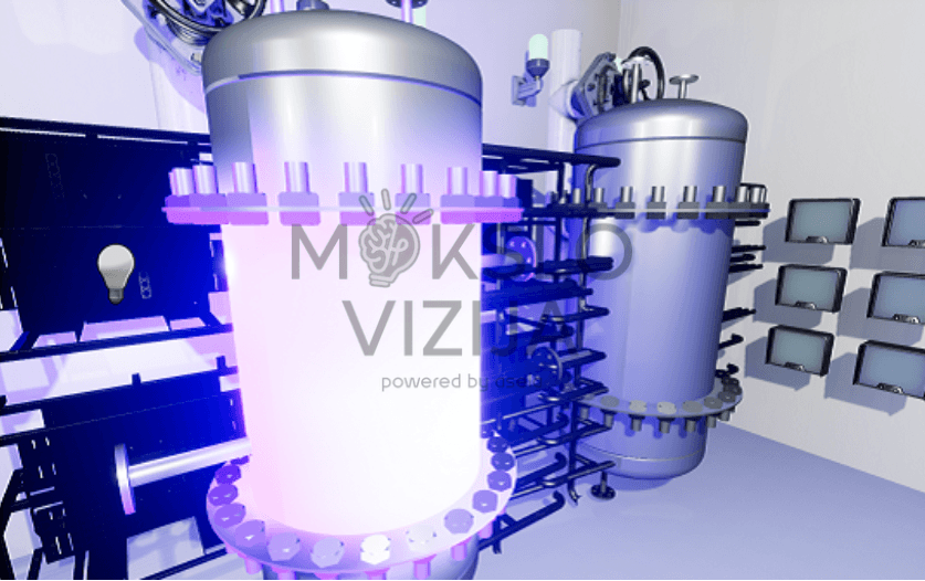 Virtualios chemijos mokymo laboratorija — interaktyvus stalelis su integruotais monitoriais ir VR įranga.