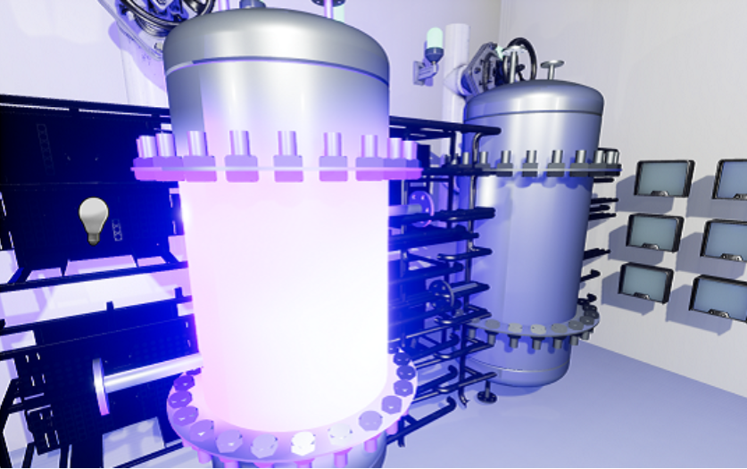 Virtualios chemijos mokymo laboratorija — interaktyvus stalelis su integruotais monitoriais ir VR įranga.