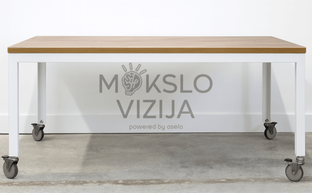 Stalas su ratukais – mobilus darbo stalas su mediniu stalviršiu ir metaliniu rėmu biurui ar mokyklai