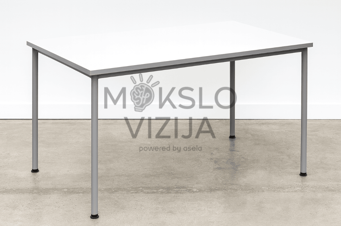 Mokyklinis stalas su baltu stalviršiu ir metaliniu keturių kojų rėmu