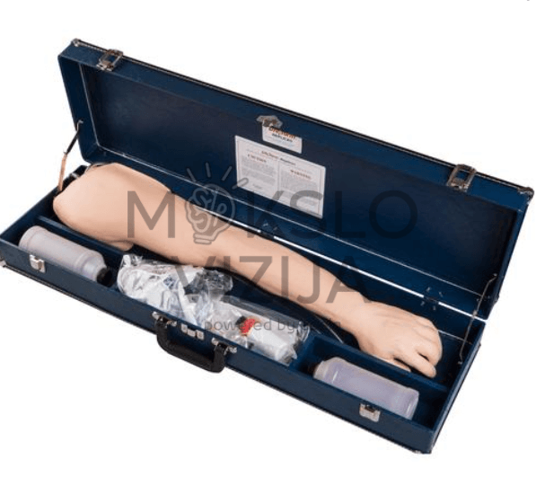 Medicininė mokomoji alkūnės dalies ranka su paaiškintomis venomis, skirta venipunktūros ir injekcijų įgūdžių treniravimui.