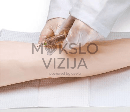 Speciali mokomoji ranka su keičiama venų sistema ir krepšiu transportavimui — ideali venų punkcijos mokymui.