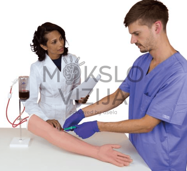 Intramuskulinės injekcijos mokymo modelis rankoje su apčiuopiamais anatomijos ženklais