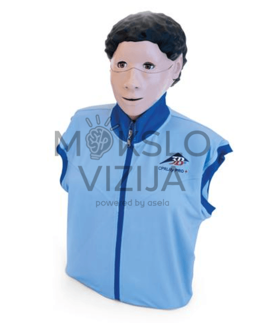 Suaugusio žmogaus dydžio CPR mokymo manekenas su kompaktišku jutikliu ant krūtinės ir ekranėliu šone, skirtas realaus laiko grįžtamajam ryšiui.