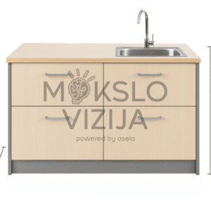 Darbinė laboratorinė spintelė su kriaukle ir elektros lizdais — tvirta konstrukcija, pritaikyta intensyviam darbui laboratorinėje aplinkoje.