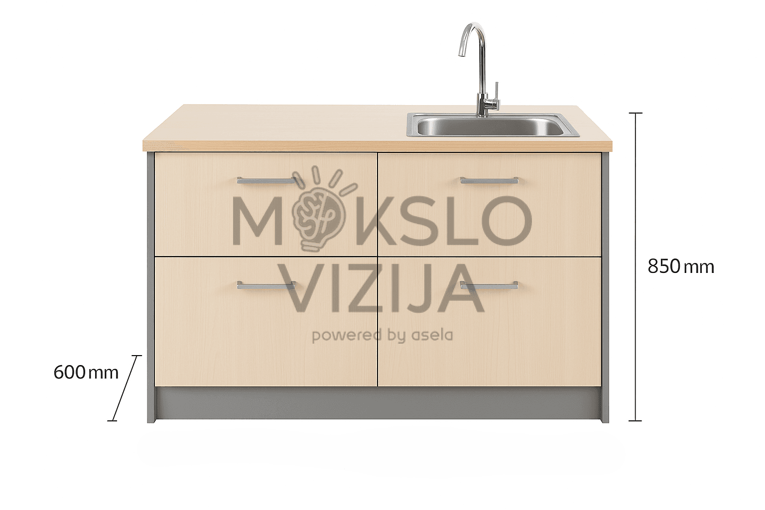 Darbinė laboratorinė spintelė su kriaukle ir elektros lizdais — tvirta konstrukcija, pritaikyta intensyviam darbui laboratorinėje aplinkoje.