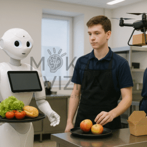 Inovatyvus mokymo stendas, skirtas aptarnavimo srities specialistų praktiniam parengimui. Sistema integruoja: - humanoidinį robotą, galintį kartu su mokiniais atlikti padavėjo ir barmeno funkcijas, - profesionalią barmeno ir padavėjo įrangą bei priedus, - maisto pakavimo modulį, skirtą užsakymams supakuoti, - drono pristatymo modulį, užtikrinantį vientisą maisto pristatymo grandinę iki kliento.