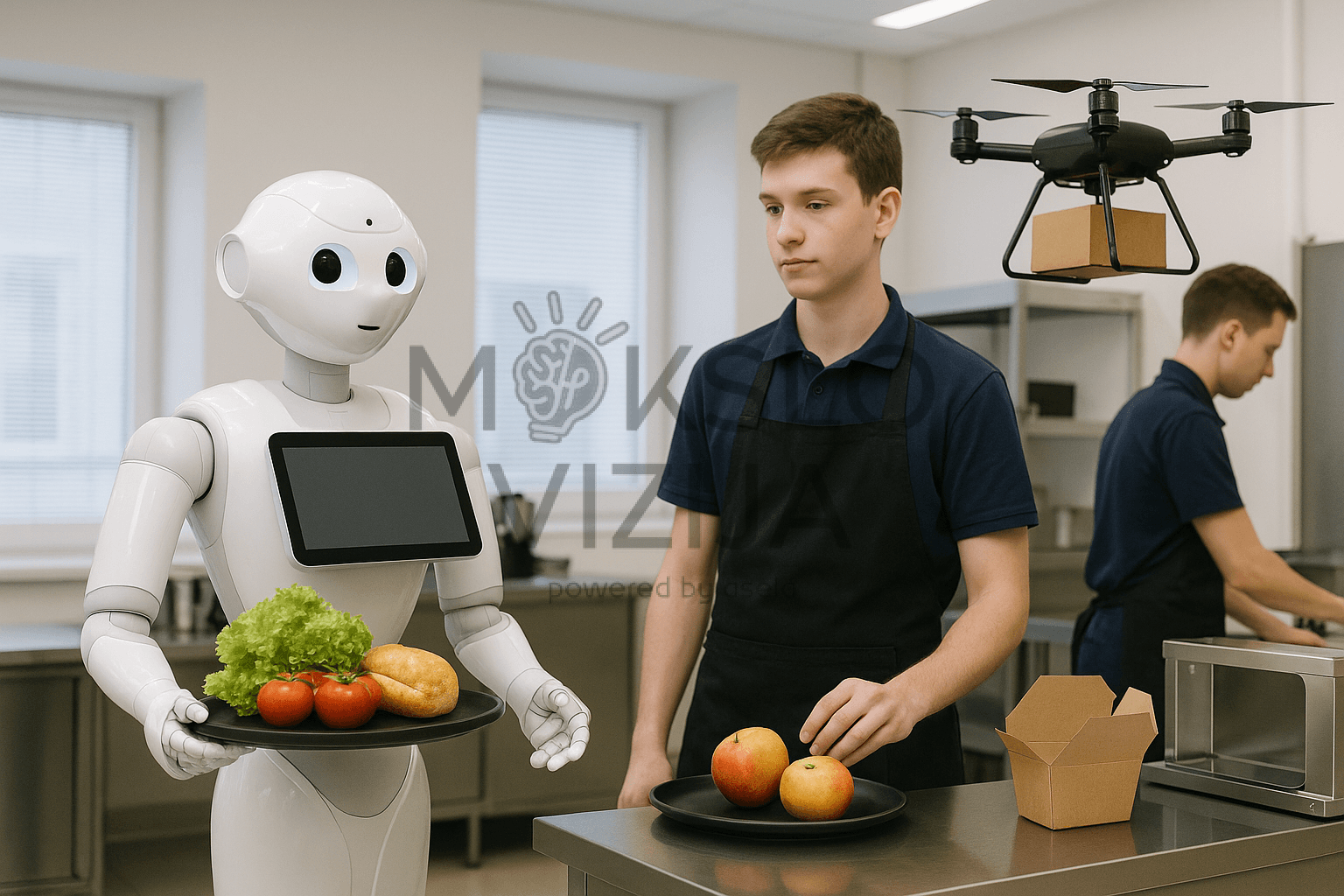 Inovatyvus mokymo stendas, skirtas aptarnavimo srities specialistų praktiniam parengimui. Sistema integruoja: - humanoidinį robotą, galintį kartu su mokiniais atlikti padavėjo ir barmeno funkcijas, - profesionalią barmeno ir padavėjo įrangą bei priedus, - maisto pakavimo modulį, skirtą užsakymams supakuoti, - drono pristatymo modulį, užtikrinantį vientisą maisto pristatymo grandinę iki kliento.