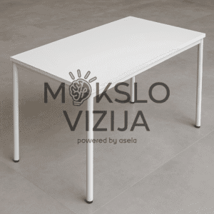 Baltas stačiakampis stalas su metalinėmis kojomis, minimalistinio dizaino, pastatytas ant pilko grindų paviršiaus.