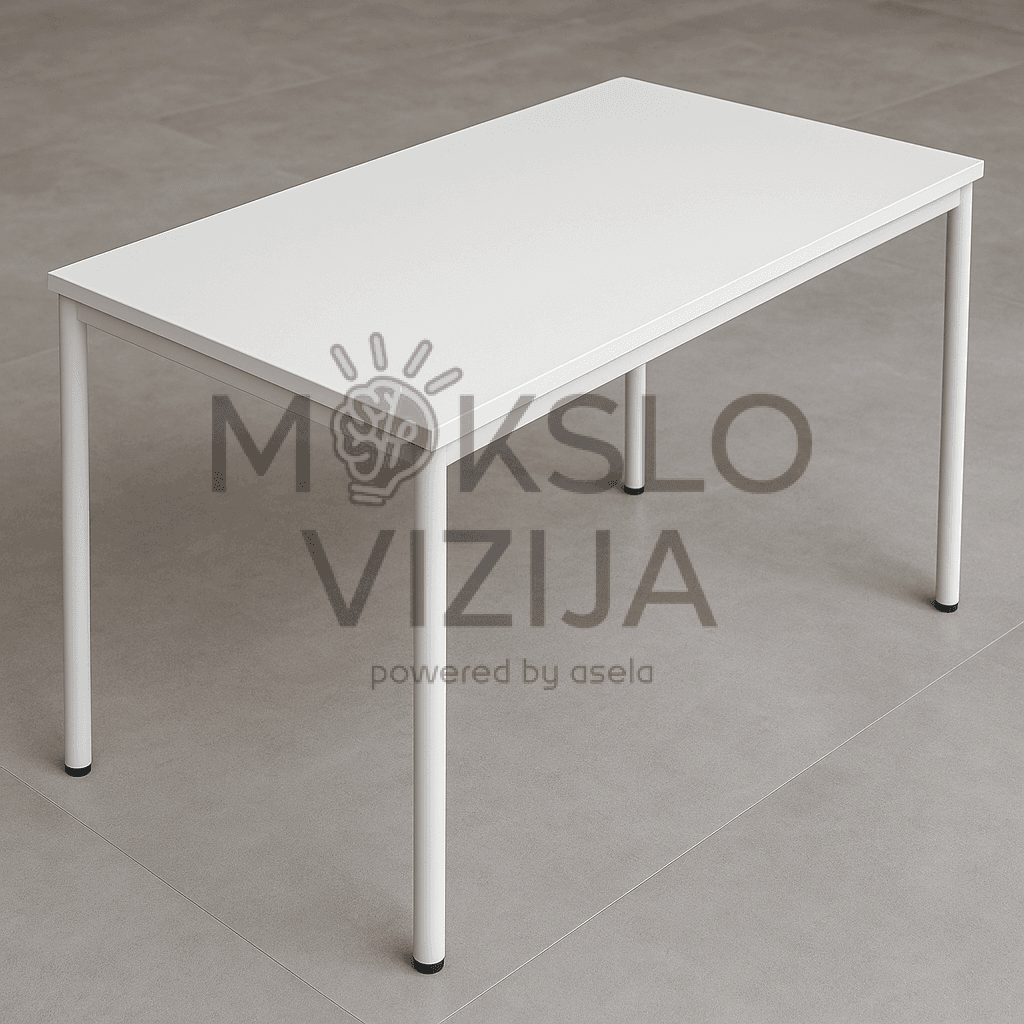 Baltas stačiakampis stalas su metalinėmis kojomis, minimalistinio dizaino, pastatytas ant pilko grindų paviršiaus.