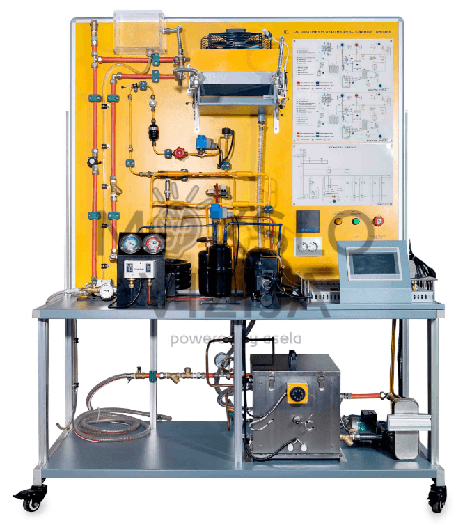 Miniatiūrinė mokymo įranga, sukurta imituoti ir studijuoti žemės šiluminės energijos panaudojimą šildymo ir vėsinimo sistemose. Įrenginys demonstruoja, kaip veikia žemės šaltinių šilumos siurblys su vanduo-vanduo) šilumokaičiais, leidžiančiais studijuoti sistemos charakteristikas, valdymą ir veikimą įvairiomis režimais.