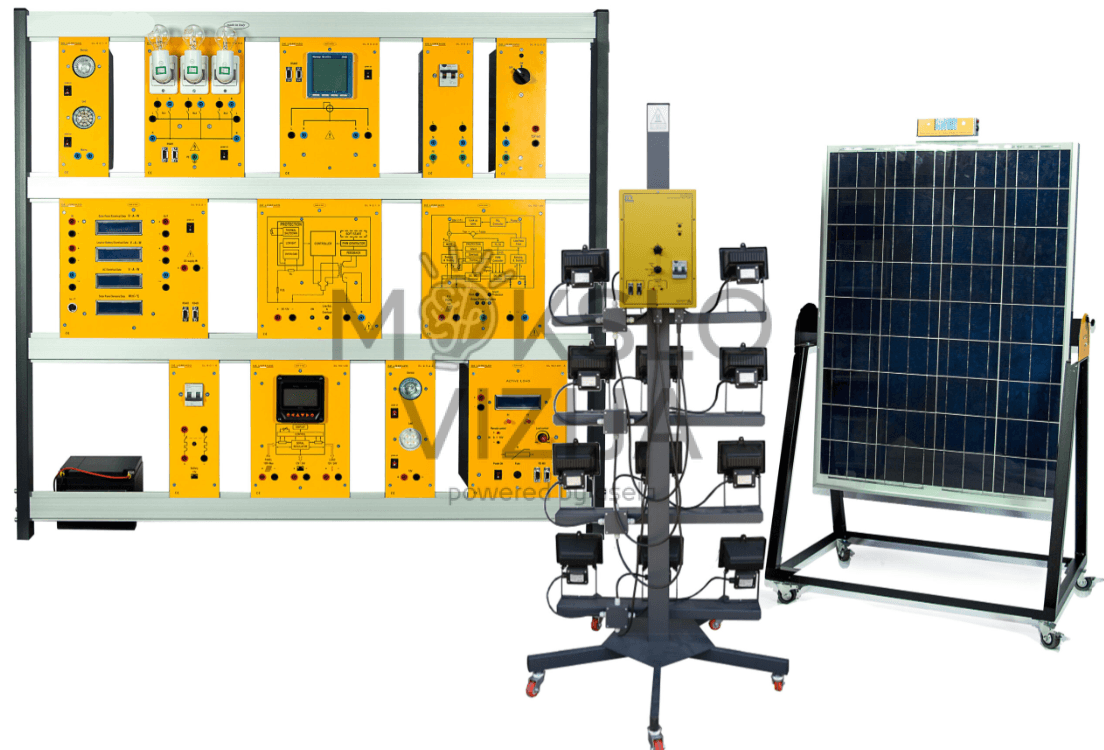 Modulinis treniruoklis teoriniams ir praktiniams elektros energijos gamybos iš fotovoltinių plokščių tyrimams. Naudojant pažangų fotovoltinės saulės energijos treniruoklį galima atlikti eksperimentus, siekiant nustatyti fotovoltinės plokštės charakteristikas.