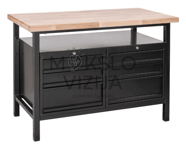 Metalinė dirbtuvių darbo stotis GÜDE Werkbank P 1200 SS Black Line su mediniu stalviršiu ir šešiais stalčiais