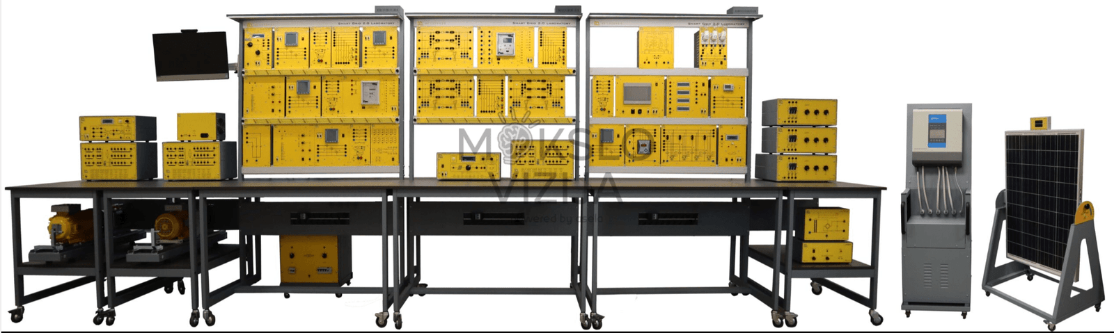 Mažos apimties modelis viso paskirstymo tinklo su konfigūruojamais elementais. Atsinaujinančių šaltinių mokymo stendas.