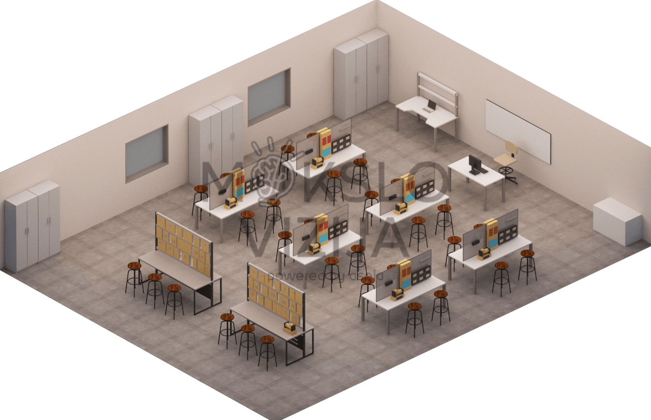 Laboratorija skirta praktiniam ir teoriniam mokymui elektros instaliacijų srityje – civilinėms, pramoninėms ir namų automatikos sistemoms.