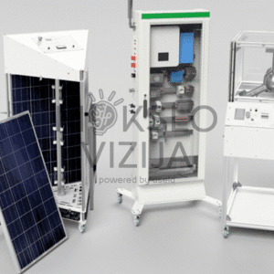 Hibridinė mokymo stotis, vaizduojanti saulės modulius, vėjo turbiną ir energijos valdymo panelę, skirtą mokymams apie atsinaujinančios energijos šaltinių veikimą profesinėse mokyklose.