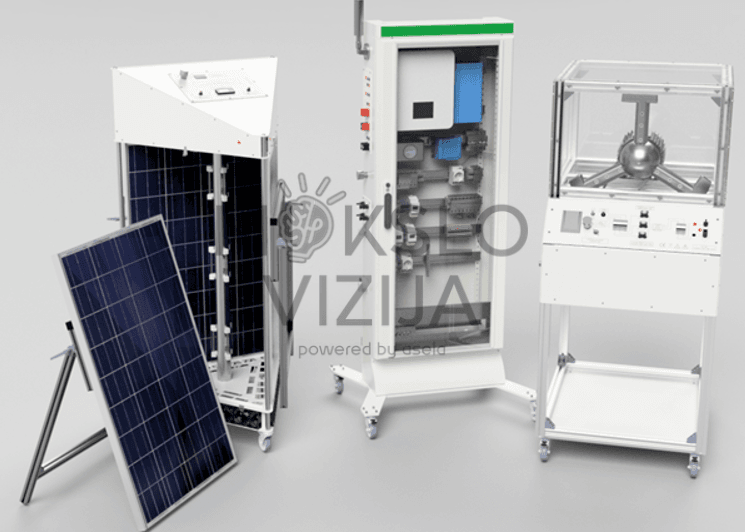 Hibridinė mokymo stotis, vaizduojanti saulės modulius, vėjo turbiną ir energijos valdymo panelę, skirtą mokymams apie atsinaujinančios energijos šaltinių veikimą profesinėse mokyklose.