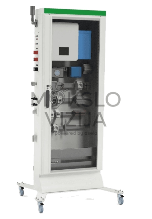 Mokomasis elektros kabinetas, skirtas profesiniam mokymui atsinaujinančios energijos srityje, su įtaisytomis apsaugomis, jungikliais ir matavimo prietaisais, sumontuotas mobiliame rėme.