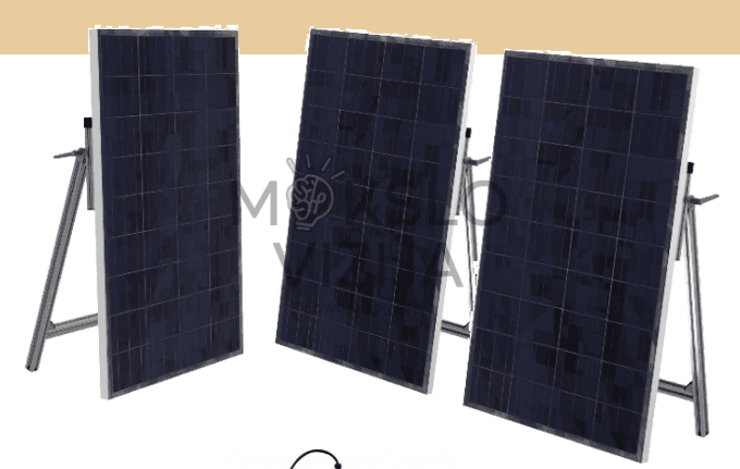 Fotovoltinė saulės baterija 115 Wc ant reguliuojamo aliuminio rėmo, skirta profesiniam mokymui, su monokristalinėmis celėmis ir pasvirimo kampo nustatymo mechanizmu.