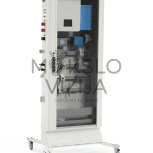 Mokomasis elektros kabinetas, skirtas profesinėms mokykloms, su inverteriais, apsaugomis, diferencialais, matavimo prietaisais ir valdymo elementais, sumontuotas mobiliame rėme su ratukais.