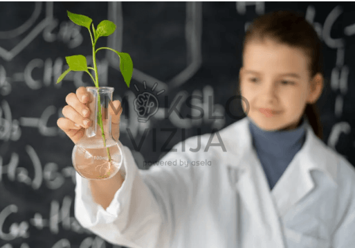 Jaunas mokinys laboratorijoje laiko augalą mėgintuvėlyje ir tyrinėja jo augimo procesą.