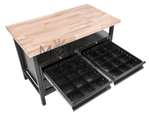 Tvirtas plieninis darbo stalas GÜDE P 1200 SS Black Line, 1190×650 mm, su 6 stalčiais ir 40 mm bukmedžio stalviršiu