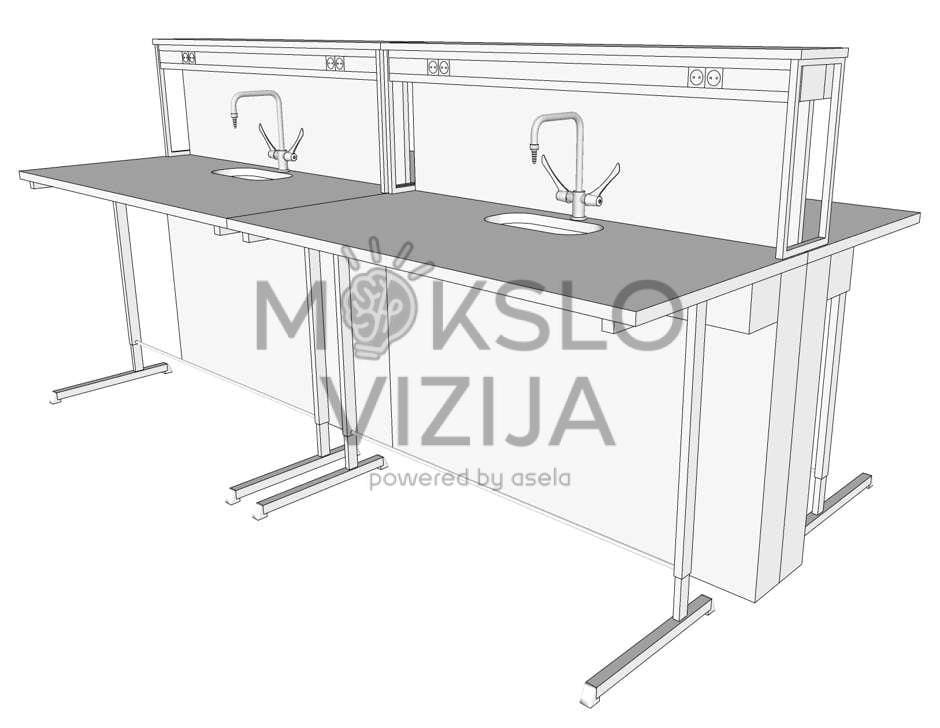 Laboratorinis stalas su kriaukle, čiaupu, viršutine lentyna ir metaliniu mėlynu C formos rėmu.