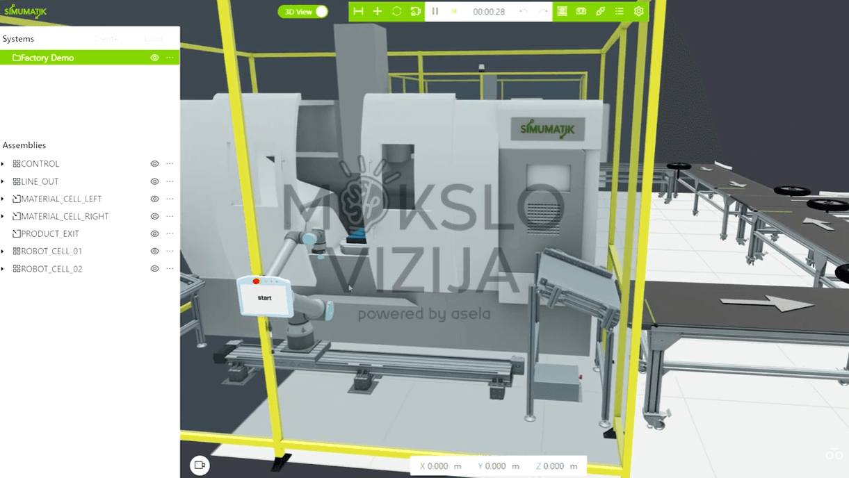 Virtualios gamyklos simuliacija, rodanti robotizuotą gamybos įrangą ir valdymo modulį.
