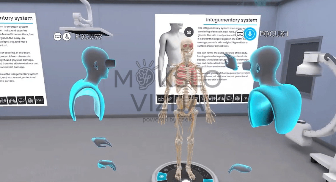 VR anatomijos klasė su išsamia žmogaus skeleto vizualizacija ir avatarų dėstytojų aplink.