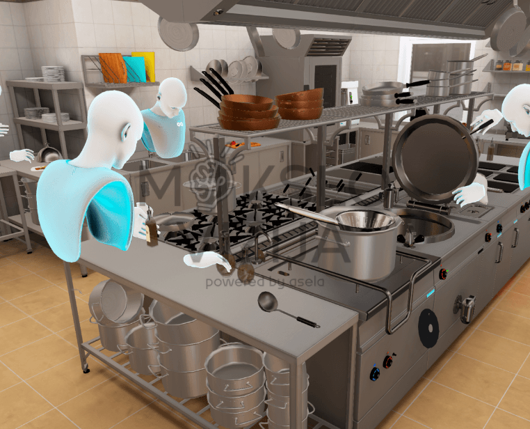 Virtuali virtuvės mokymo simuliacija, kur avatarai mokosi naudotis profesionalia maisto gamybos įranga.