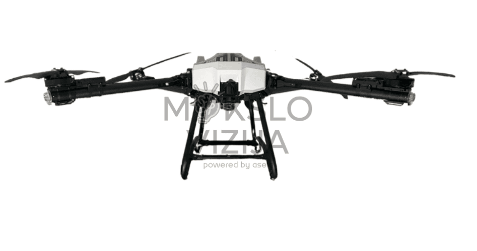 Profesionalus keturrotoris dronas baltame fone, tvirta konstrukcija ir stabilus skrydis pramoninėms užduotims.