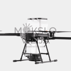Žemės ūkio dronas su talpa sėklų ir trąšų paskleidimui, tikslus barstymas ir automatizuotas darbas laukuose.
