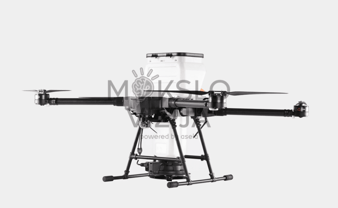 Žemės ūkio dronas su talpa sėklų ir trąšų paskleidimui, tikslus barstymas ir automatizuotas darbas laukuose.