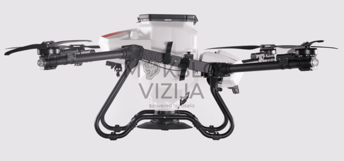 Žemės ūkio dronas su didele barstymo talpa ir tvirta konstrukcija, skirtas tiksliam sėklų ir trąšų paskleidimui.