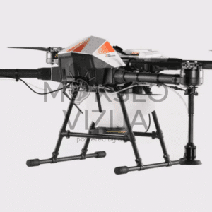 Purškimo dronas žemės ūkiui su talpa ir purkštukais, skirtas augalų priežiūrai ir tiksliai skysčių aplikacijai.