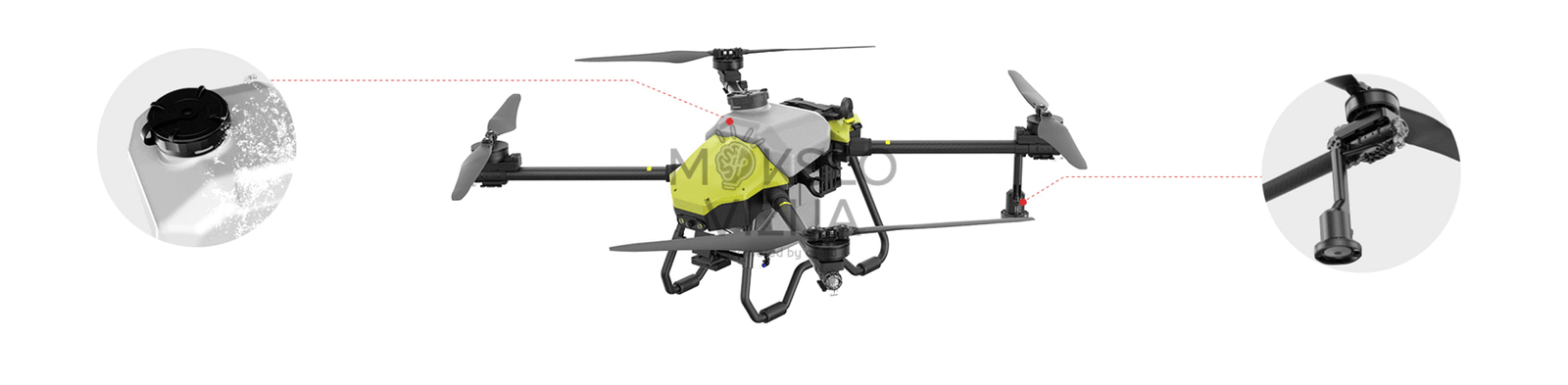 Drono rėmo konstrukcija iš viršaus, tvirta platforma žemės ūkio darbams ir profesionaliam naudojimui.