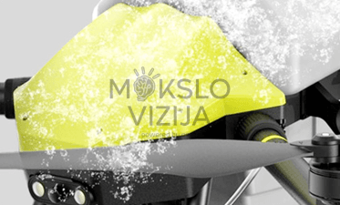 Žemės ūkio drono konstrukcijos schema su išskirtomis detalėmis: talpos dangtelis ir stabilios važiuoklės sistema.