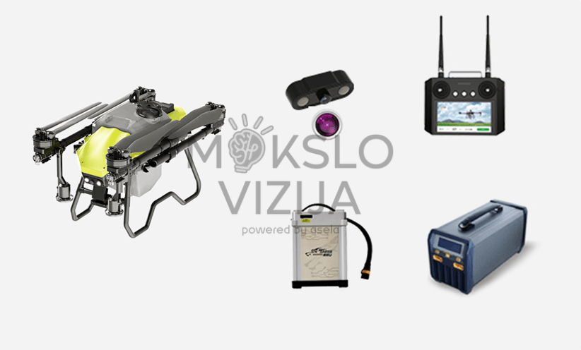 Žemės ūkio drono komplektacija su valdymo pultu, baterija, įkrovikliu ir papildomais priedais purškimo darbams.