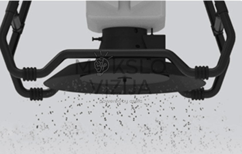 Purškimo drono konstrukcijos schema su išskirtomis detalėmis: talpos mazgas ir stabilios važiuoklės kojelė.
