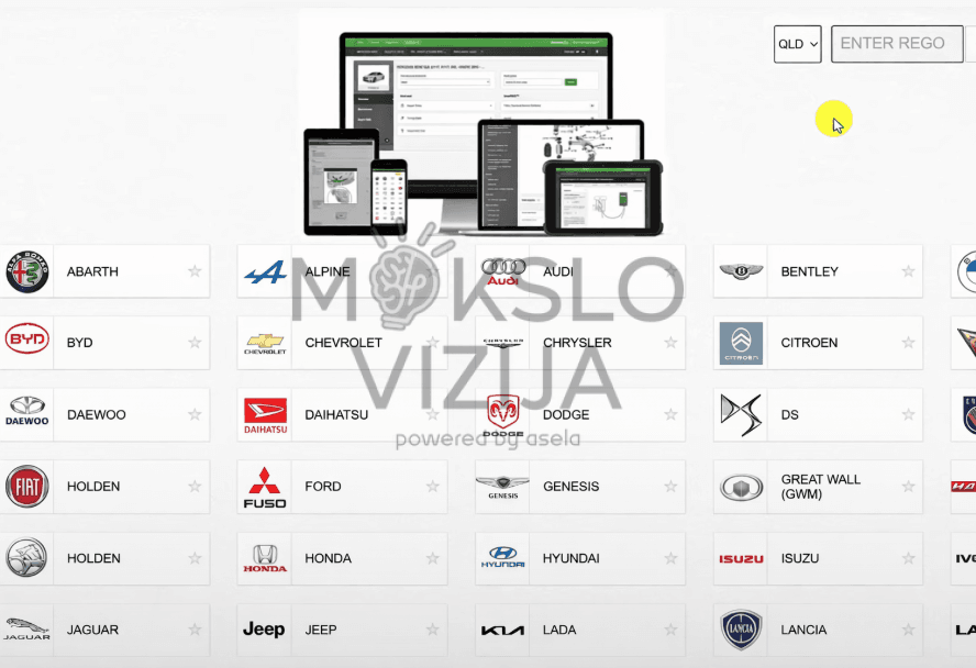 HaynesPro sistemos ekranas su automobilių markių pasirinkimu ir WorkshopData vaizdu keliuose įrenginiuose.
