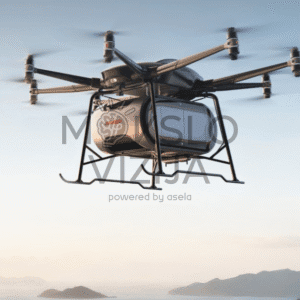 Krovininis dronas su krovinio konteineriu skrenda ore, matomas iš arti, aiškiai matoma tvirta konstrukcija.