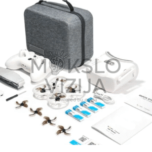 FPV drono komplektas su akiniais, valdikliu, dronu, baterijomis, atsarginiais propeleriais, laidais ir transportavimo dėklu.