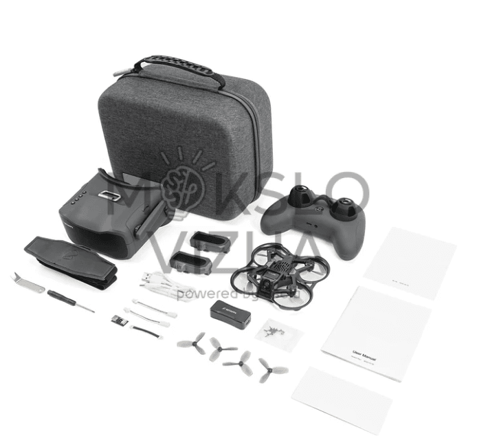 FPV drono komplektas su transportavimo dėklu, akiniais, valdikliu, mini dronu, baterijomis, laidais, atsarginiais propeleriais ir įrankiais.