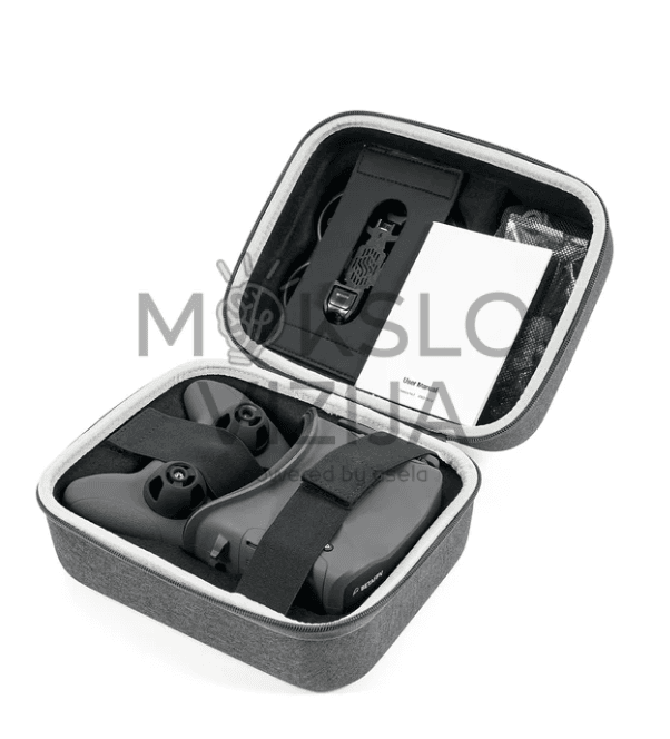 FPV akiniai ir valdiklis tvarkingai sudėti į tvirtą transportavimo dėklą su dirželiais ir apsauga.