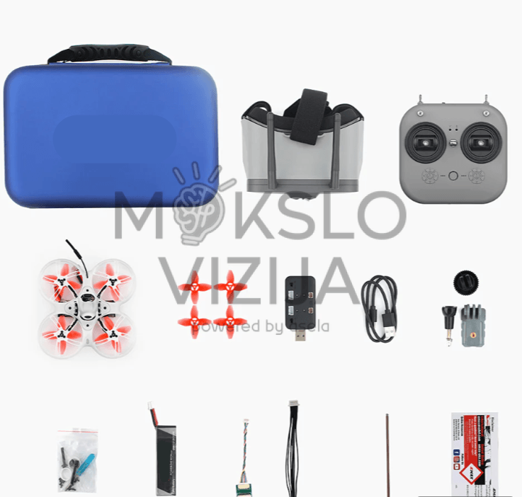 FPV Drone Racing Kit Level I komplektas su dronu, FPV akiniais, pultu, baterijomis ir priedais