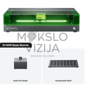 Uždaro korpuso lazerinis pjaustymo ir graviravimo įrenginys edukacijos centrams, bazinis rinkinys technologijų ir STEAM projektams su mediena, fanera, akrilu ir kitomis nemetalinių ruošinių medžiagomis.