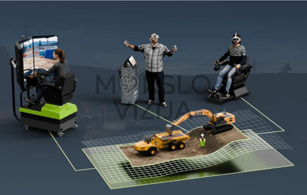 Virtuali mokymo erdvė su simuliatoriumi, VR naudotojais ir bendra darbo scena, skirta interaktyviam mokymui.