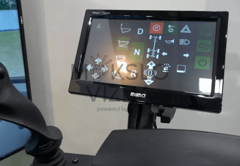 Interaktyvus valdymo ekranas su funkcijų ikonų schema, skirtas simuliatoriaus valdymo ir mokymo procesui.