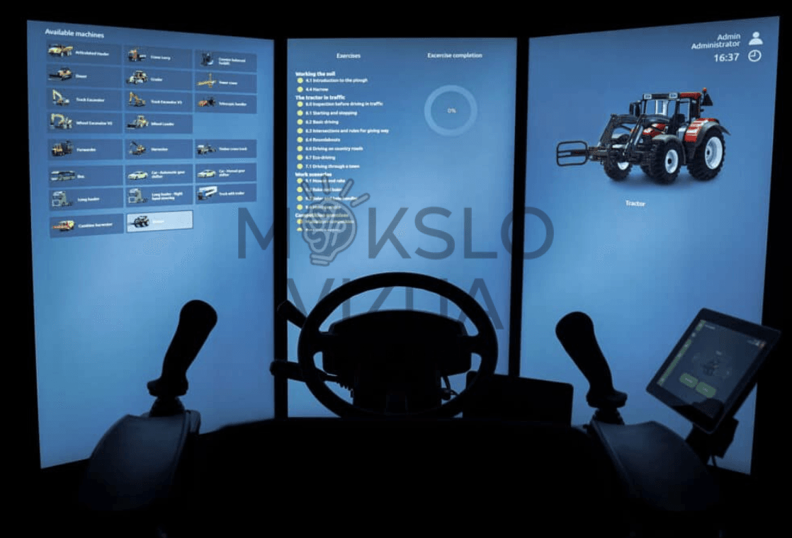 Trijų ekranų simuliatoriaus vaizdas su technikos sąrašu, pratimų meniu ir pasirinktu traktoriaus modeliu mokymui.